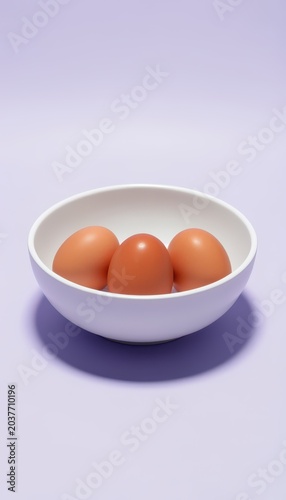 Three Brown Eggs in White Ceramic Bowl Isolated on Transparent Background