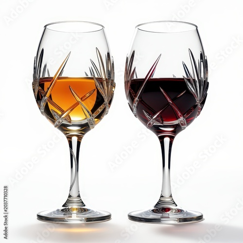 Two Crystal Wine Glasses Filled with Red and Amber Liquid Isolated on Transparent Background