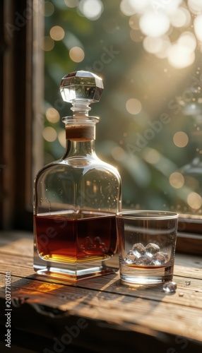 Whiskey Decanter with Rocks Glass on Wooden Table Isolated on Transparent Background