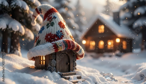 Whimsical Fairy House with Knitted Hat Glowing Warmly Isolated on Transparent Background