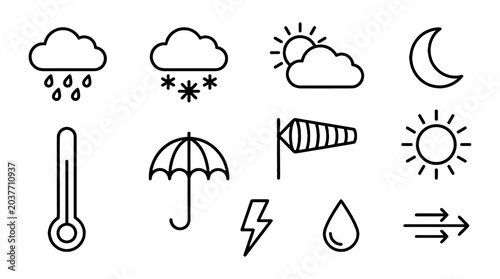Canvastavla Thin line weather icons set with sun cloud rain snow and wind