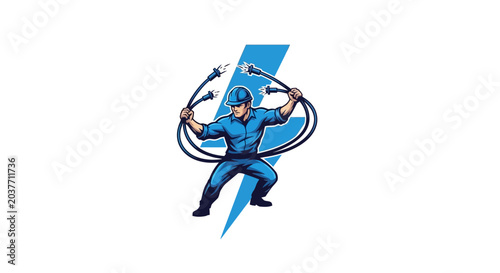 Electrician Mascot Holding Wires with Lightning Bolt Background.