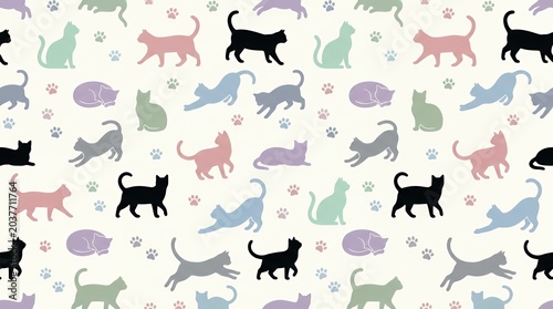 Seamless pattern with cat silhouettes in pastel colors