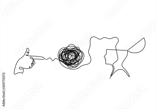 man overwhelmed by criticism and social pressure, feeling targeted and blamed amidst a tangled mess of thoughts and emotions, an illustration of mental distress. Continuous line drawing