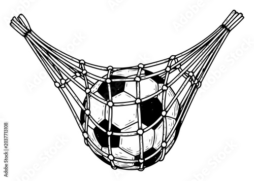 Tableau sur toile Soccer ball caught in goal net hand drawn illustration, winning goal concept ske
