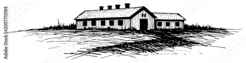 Foto Rural farm building in landscape vintage sketch, old barn or warehouse engraving