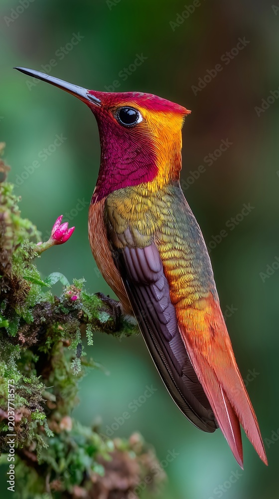 Fototapeta premium Colorful hummingbird perched on a mossy branch, beautiful nature side view portrait.