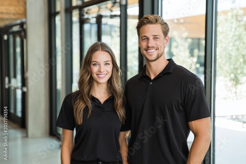 Casual business couple in black polo shirts in a clean, well-lit lobby