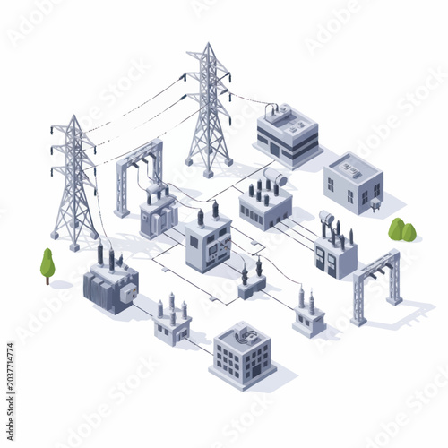 Tableau sur toile Industrial power grid infrastructure with substations and transmission towers