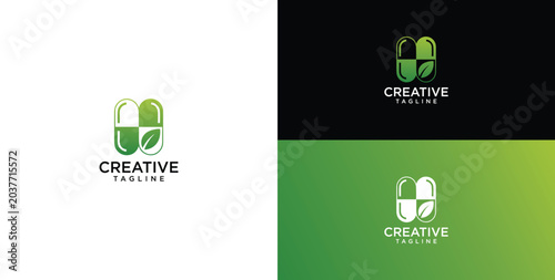 Modern green capsule logo with an integrated fresh leaf design, symbolizing natural health, organic remedies, and wellness. Elegant emblem for holistic care solutions