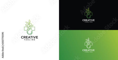 Minimalist Green Medical Cross with Leaf and Water Drop Logo Design for Natural Health, Eco-Friendly Pharmacy, or Holistic Wellness Brand Identity