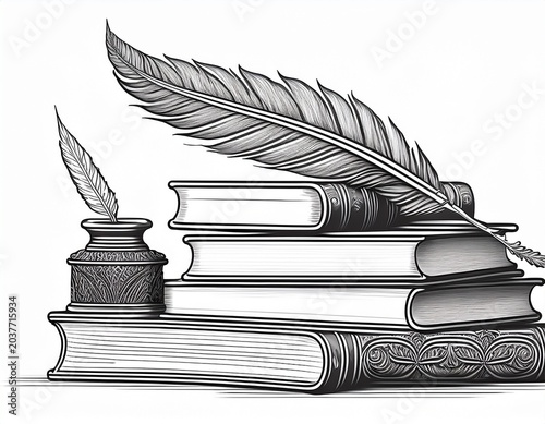 black and white stack of books with quill and inkwell coloring page standard print size