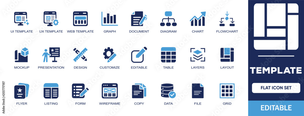 Fototapeta premium Template editable solid icon set. Containing graph, document, diagram, chart, flowchart, editable, table, layer, layout, grid, wire frame, form, data and more illustration vector icons collection.
