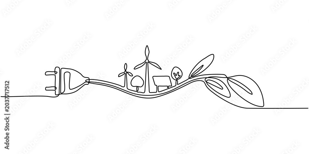 Naklejka premium Continuous Line Drawing Renewable Green Energy Infrastructure Vector