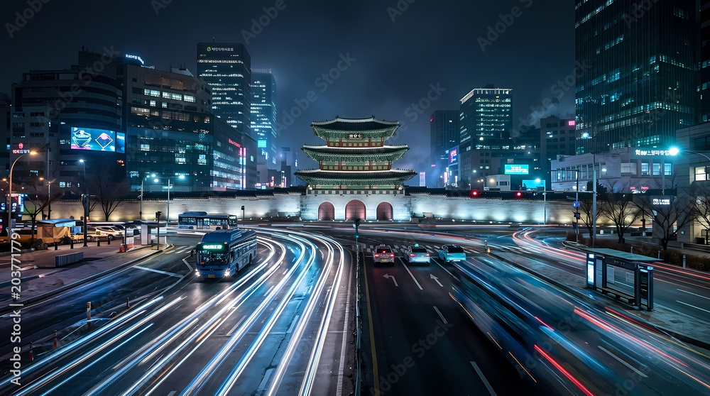 Naklejka premium Traffic flowing through city streets at night