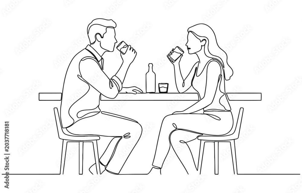 Fototapeta premium Continuous one line drawing of man and woman sitting at bar counter and drinking together.