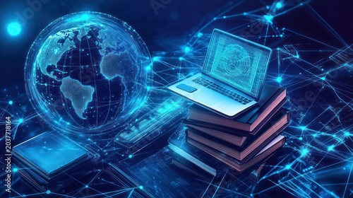 Global digital learning concept, world map, laptop, books