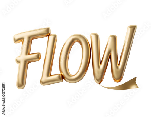 3D golden metallic lettering spelling the word FLOW with a stylized ribbon unfurling from the last letter, isolated on a white background