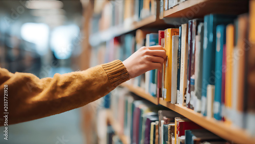 Hand reaches for book on a library shelf, surrounded by knowledge