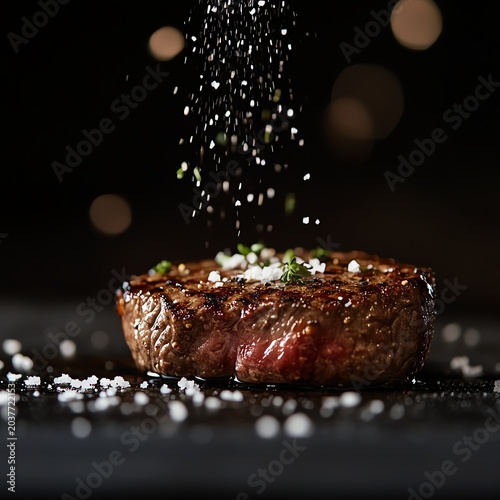 Juicy Marketing Juicy steak garnished with sea salt flakes. professional stock content marketing concept