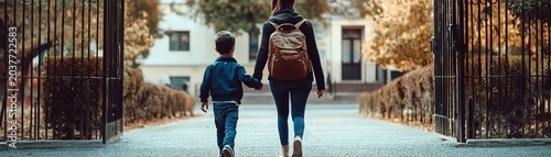 Mother Marketing Mother and child walking through a park gate. professional stock content marketing concept