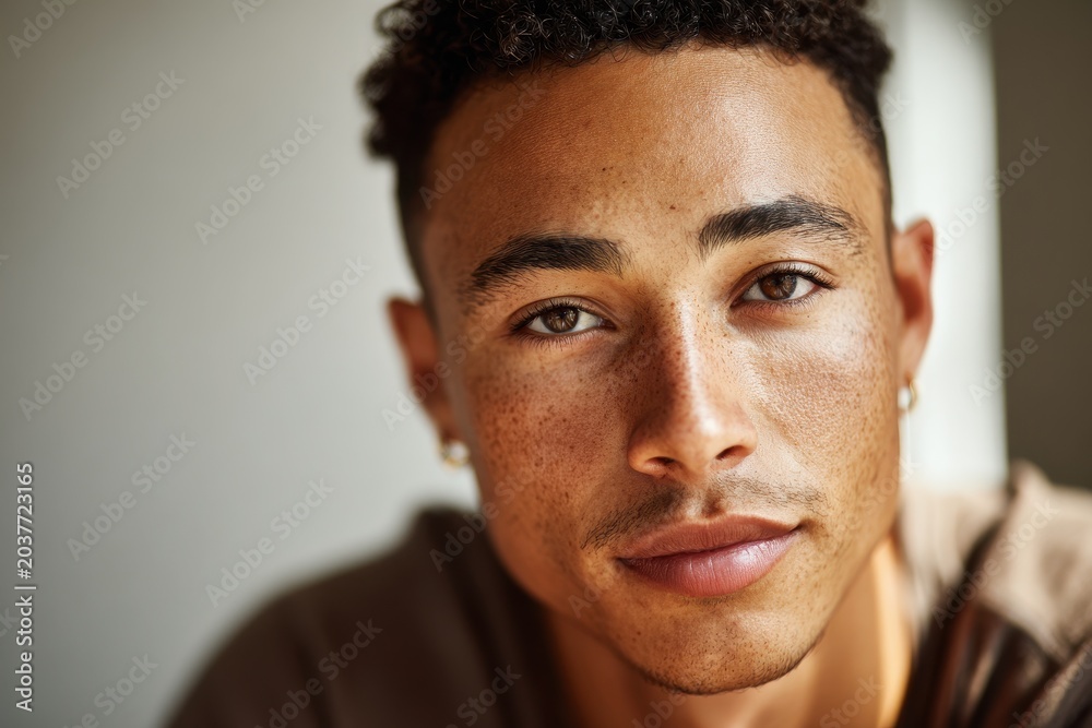 Obraz premium Head-and-shoulders portrait of a diverse young man with a calm, confident gaze