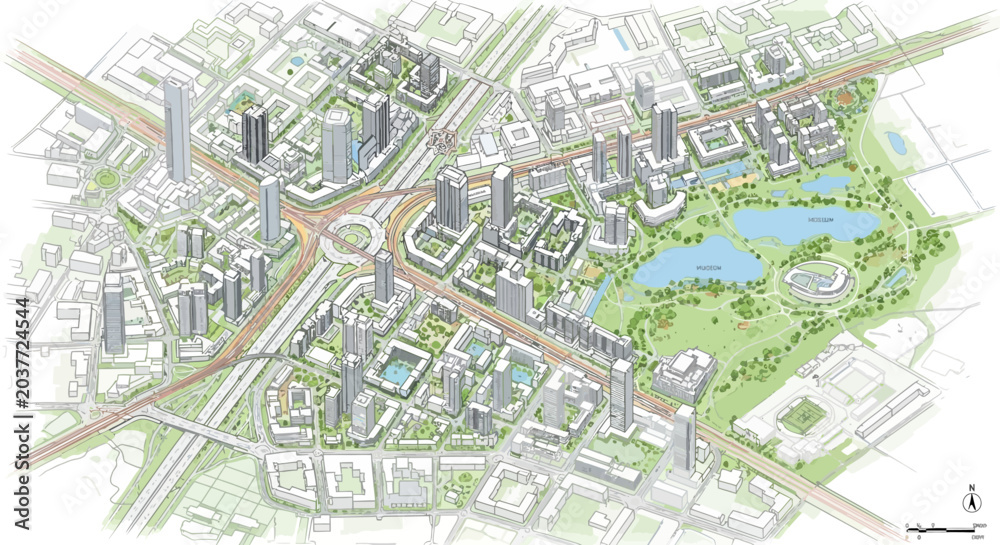 Fototapeta premium Architectural rendering of a modern city master plan featuring skyscrapers, roads, a roundabout, and a large park with lakes.