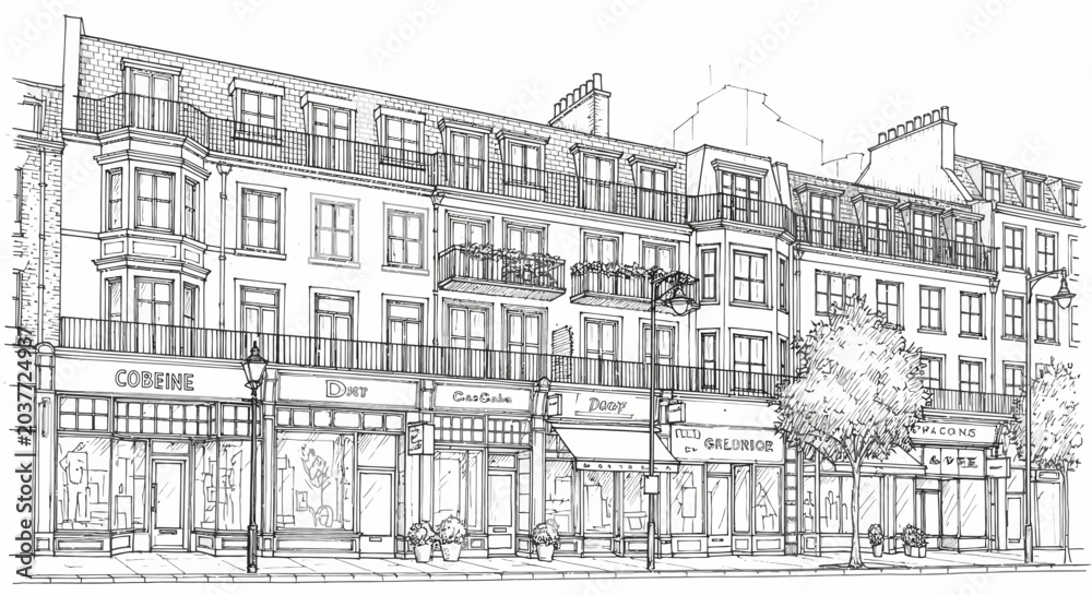 Obraz premium Detailed black and white architectural sketch of a bustling European street with shops and apartments.