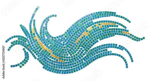 Abstract blue and green mosaic wave isolated on white background