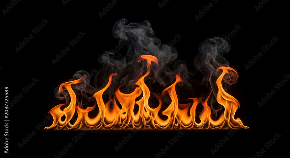 Fototapeta premium Realistic fire flames with orange and yellow hues against a black background