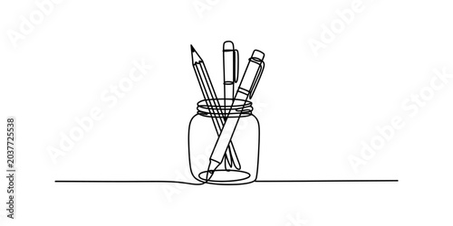 Foto Continuous line drawing of pens and pencils in a jar, simple art style