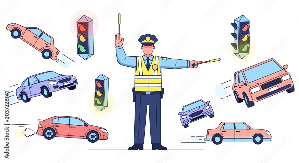 Naklejka premium Traffic controller directing cars with signals and gestures.