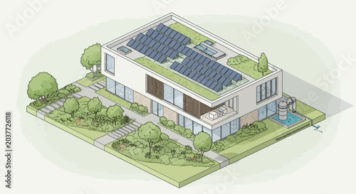 Isometric illustration of a modern sustainable house with solar panels, green roof, and lush garden, showcasing eco-friendly architecture and energy efficiency.