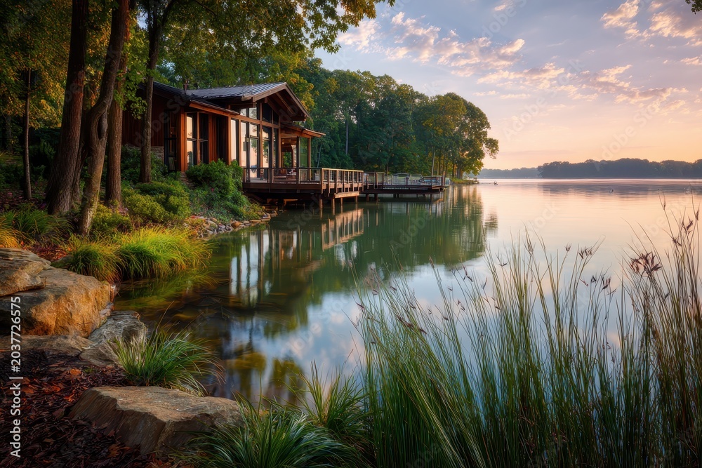 Fototapeta premium Lakeside house with wooden dock by a calm North Carolina lake at sunrise