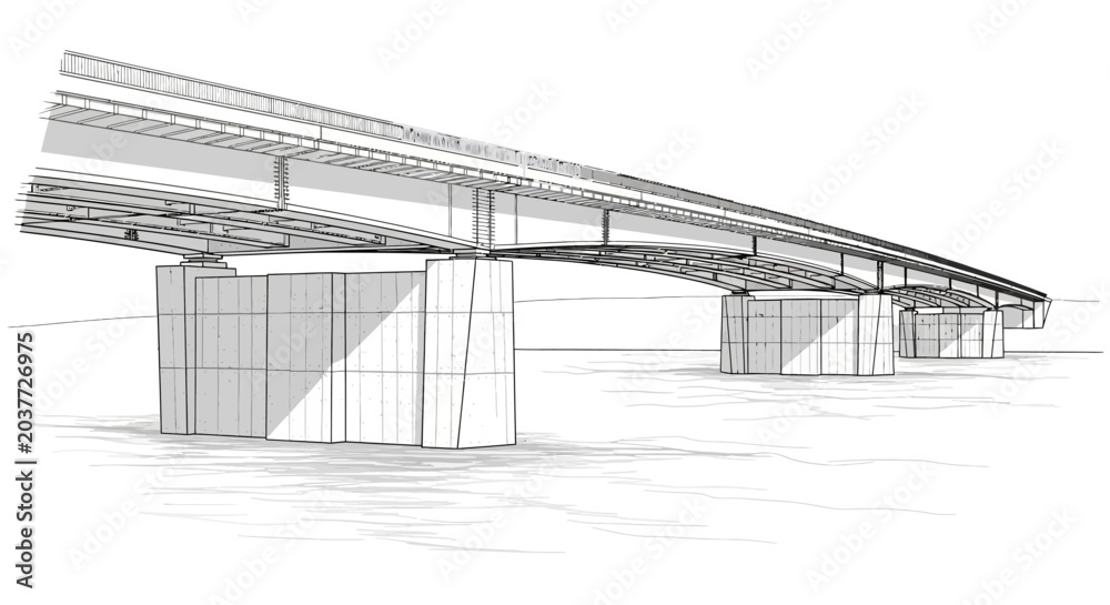 Naklejka premium Architectural sketch of a modern bridge structure with multiple piers and a long span, rendered in a wireframe style.