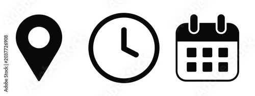 Calendar, clock, and location pin icons with time, date, and address vector set for event and business design.