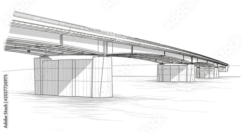 Architectural sketch of a modern bridge structure with multiple piers and a long span, rendered in a wireframe style.