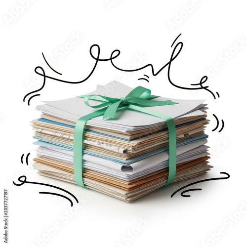 Stack of assorted paper documents tied with a green ribbon isolated on white background