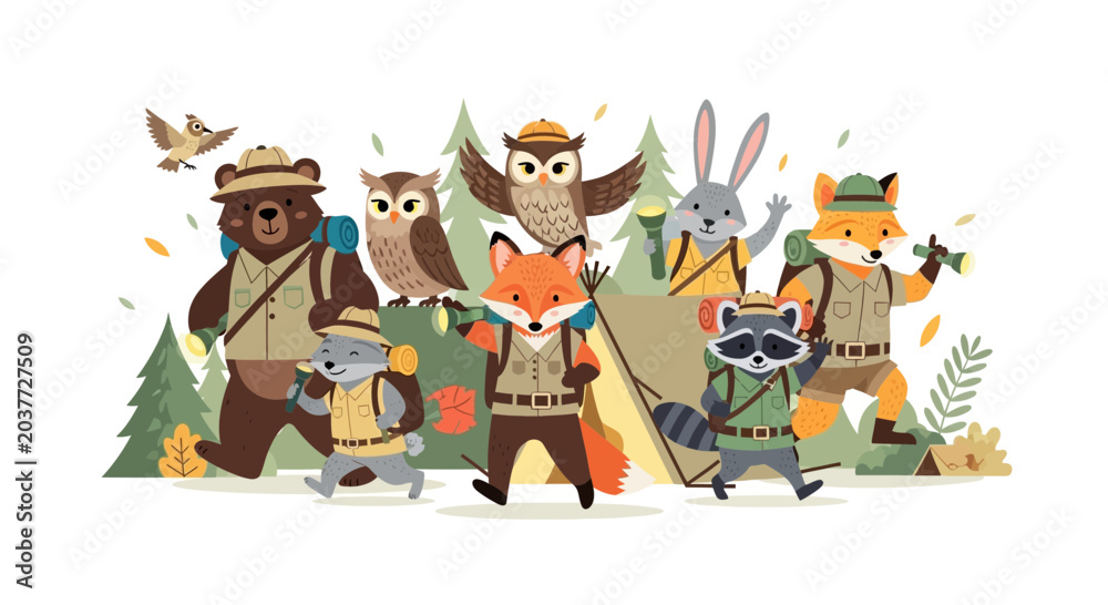 Obraz premium Cute camping animals cartoon. Bear, fox, raccoon, owl, rabbit vector