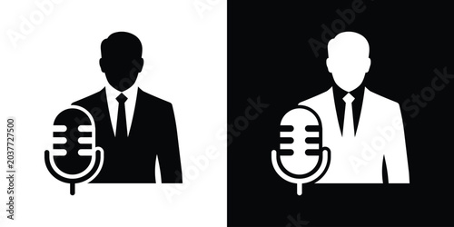 Foto Vector icon of a male news anchor, broadcaster, or podcaster behind a classic microphone