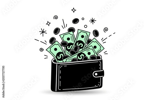 Wallet full of money and coins, vector illustration isolated on white background