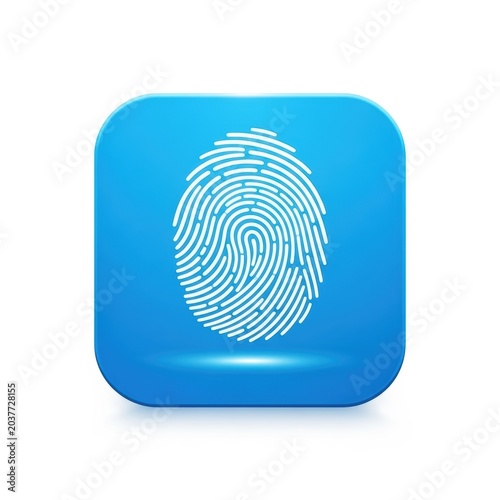 Fingerprint icon on blue square button, biometric security concept, digital identity verification, vector illustration