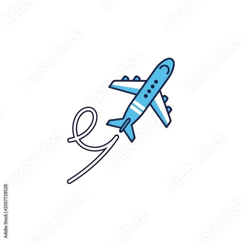 Blue airplane icon with flight path trail isolated on white background