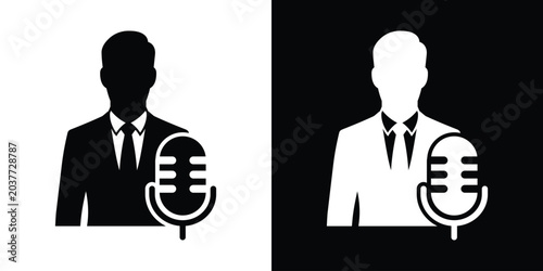 Schilderij op canvas Vector icon of a male news anchor, broadcaster, or podcaster behind a classic microphone