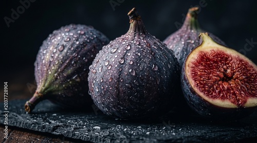 Extreme close up figs with cinematic glossy fruit texture.