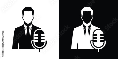 Schilderij op canvas Vector icon of a male news anchor, broadcaster, or podcaster behind a classic microphone