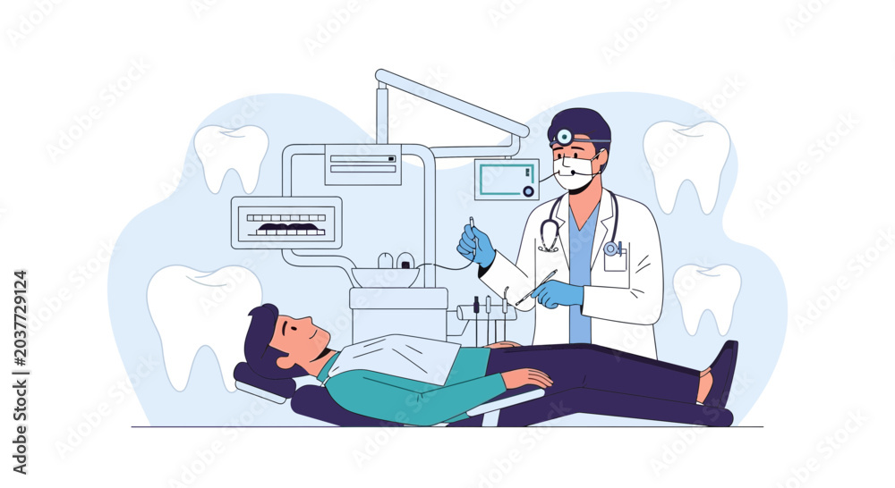 Fototapeta premium Dentist Examining Patient in Modern Dental Clinic with Teeth Illustrations