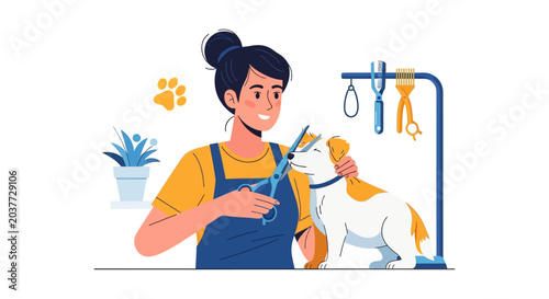 Woman grooming a small dog with scissors and comb.
