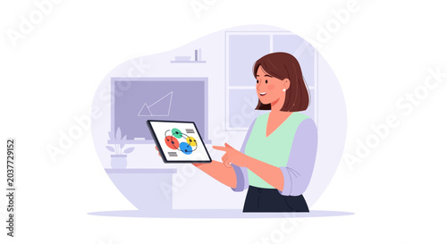 Woman holding tablet with colorful charts and graphs.