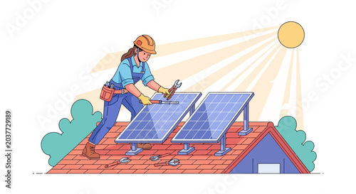 Woman installing solar panels on rooftop with tools.